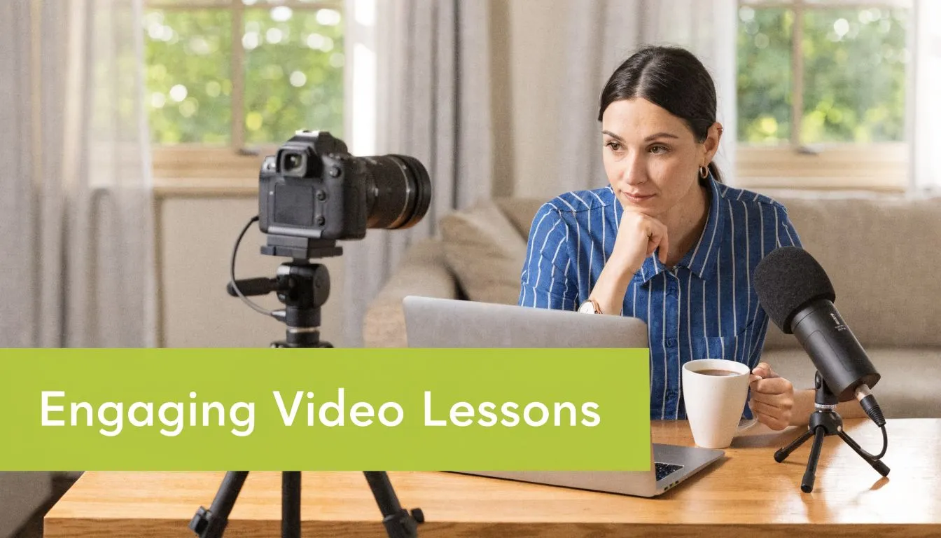 A woman sits at a desk with a camera and microphone, recording engaging video lessons for students.