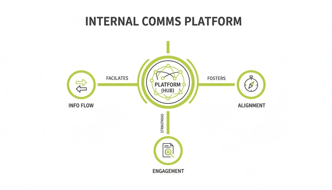 Diagram illustrating an internal communications platform as a hub, facilitating info flow, fostering alignment, and strengthening engagement.