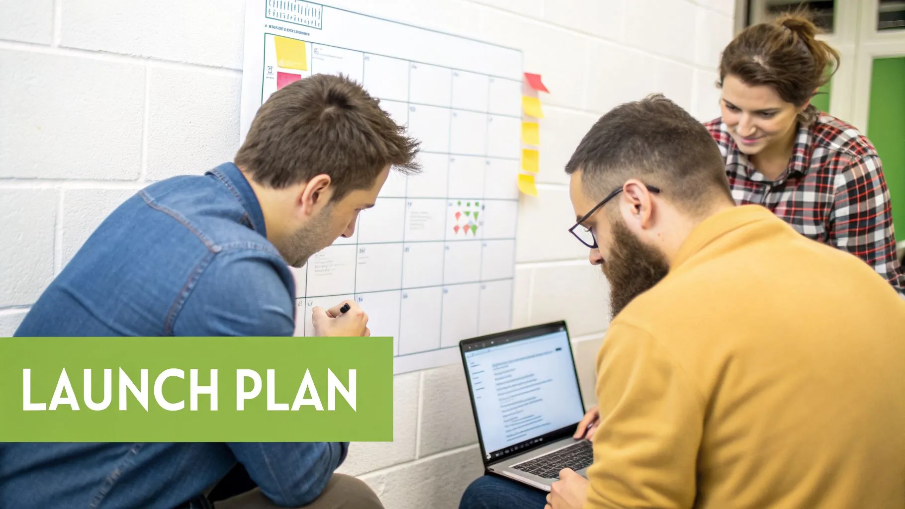 Three colleagues collaborate on a launch plan, writing on a whiteboard calendar and using a laptop.