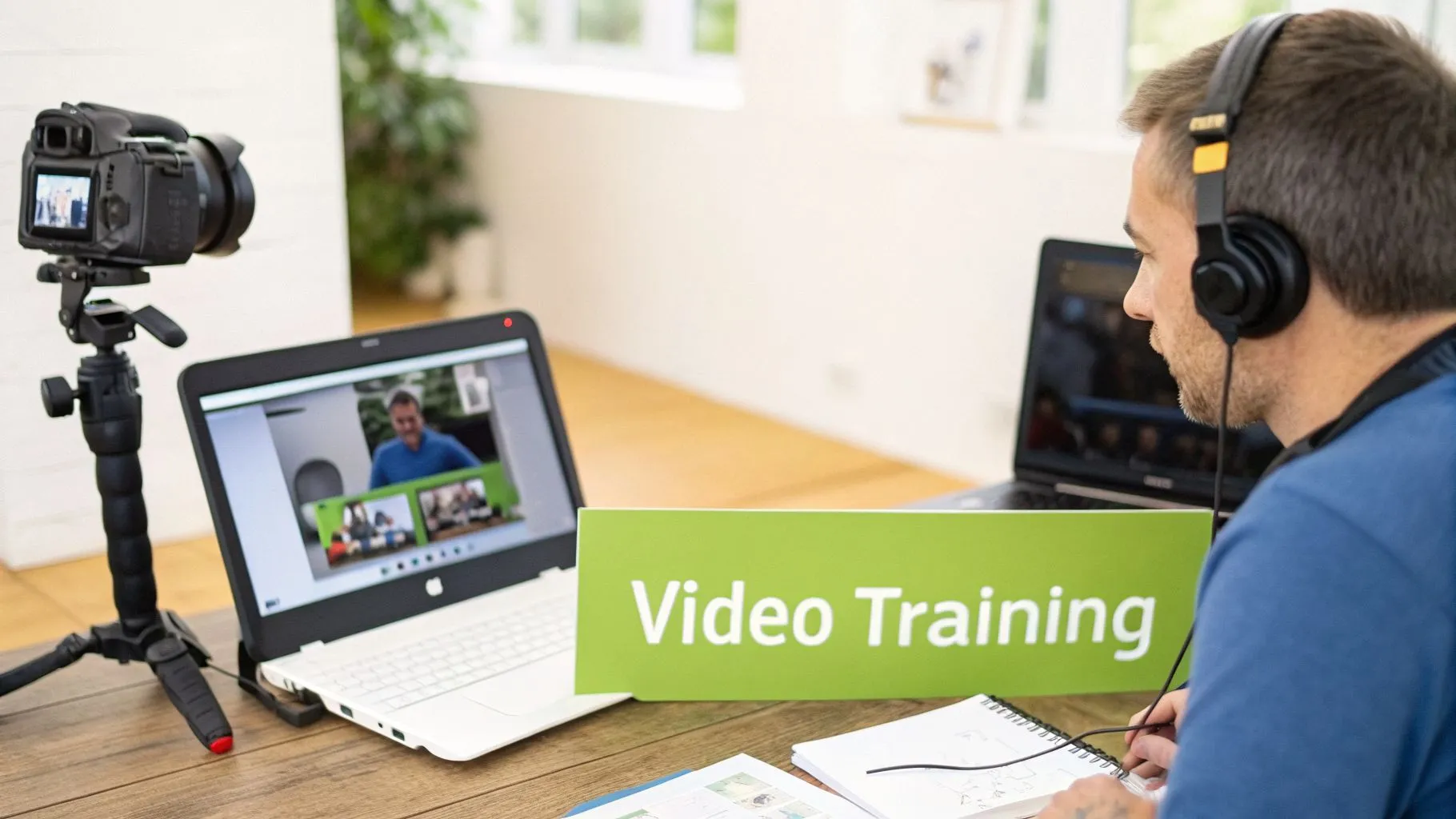A man in headphones attends a video training session with multiple laptops and a camera.