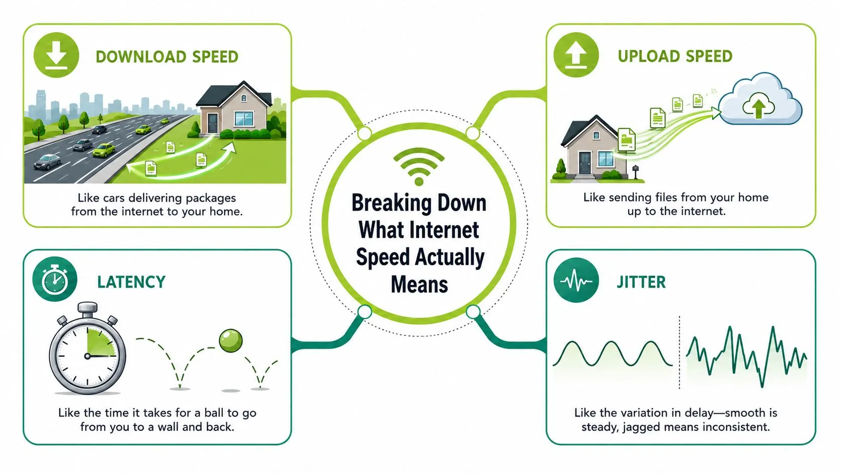 An infographic explaining key internet metrics: download speed, upload speed, latency, and jitter with simple analogies.