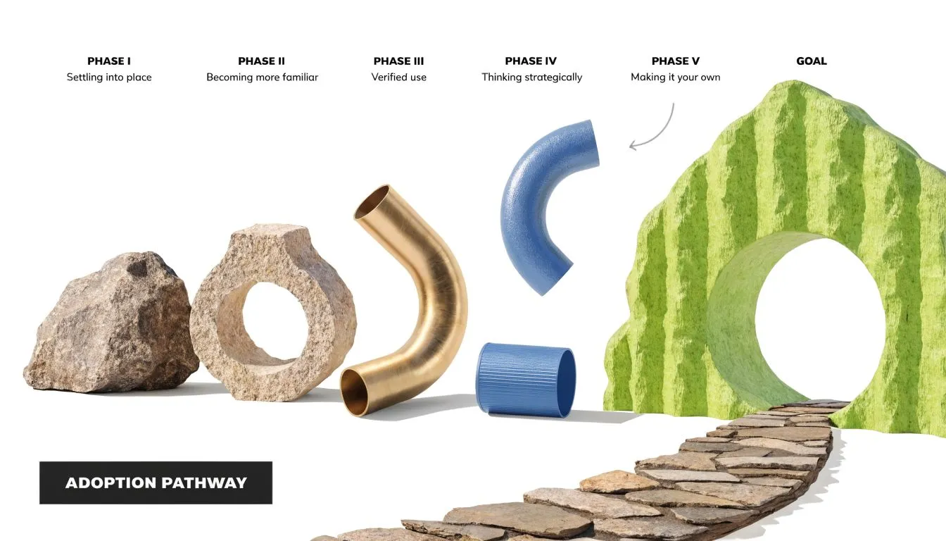 An illustration of an adoption pathway showing five distinct phases leading toward a goal through abstract shapes.