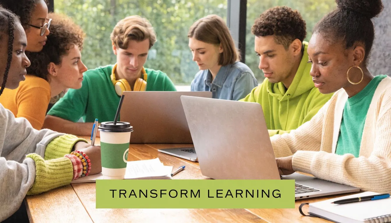 A diverse group of students collaborating together on laptops at a wooden table in an office setting.