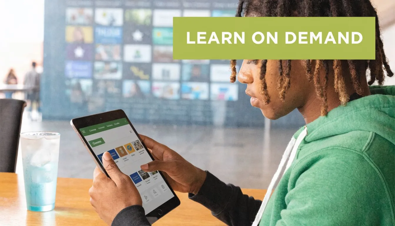 A young person with dreadlocks wearing a green hoodie uses a tablet in a modern learning environment.