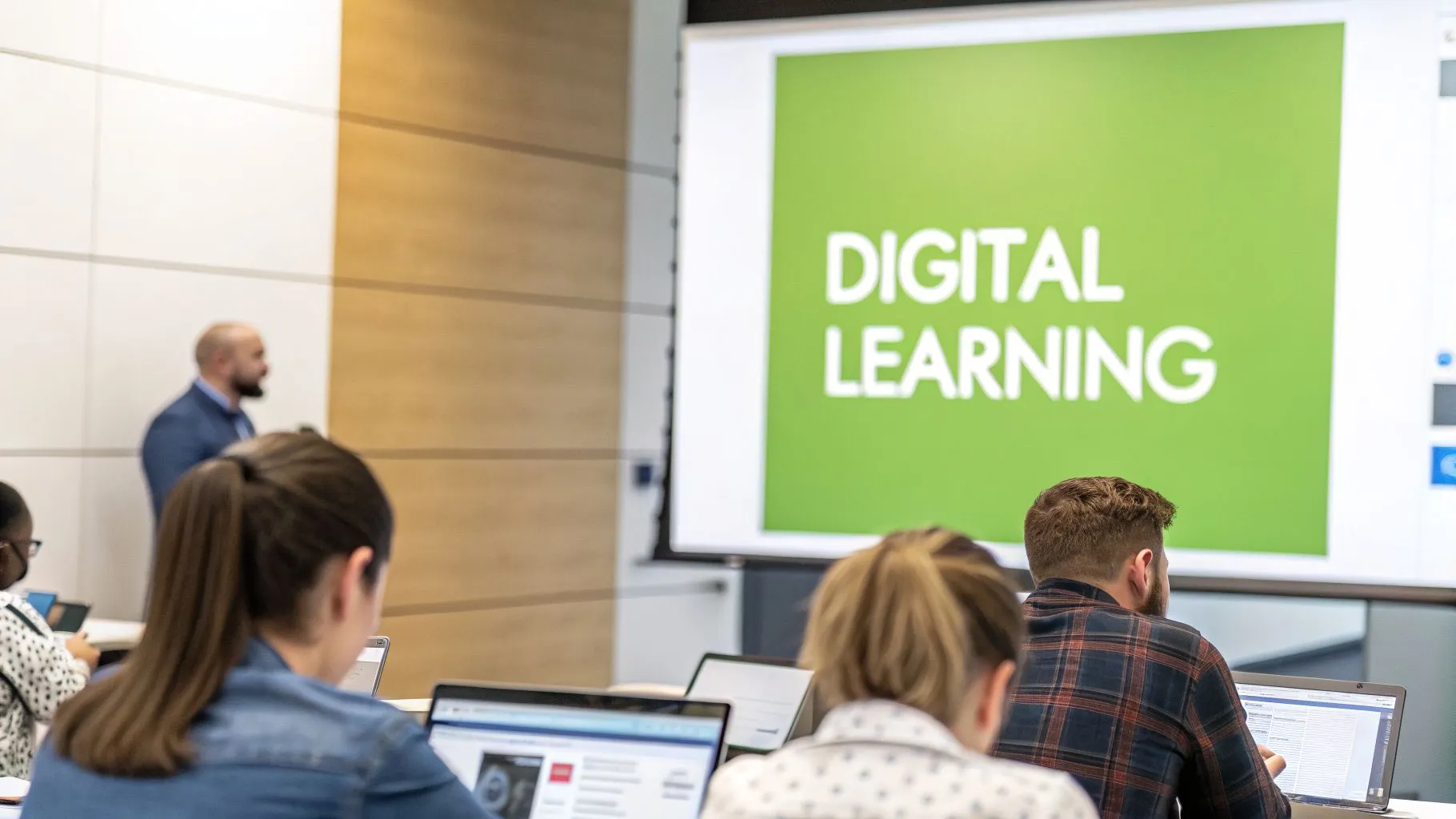Diverse students engage with laptops during a 'Digital Learning' presentation in a modern classroom.