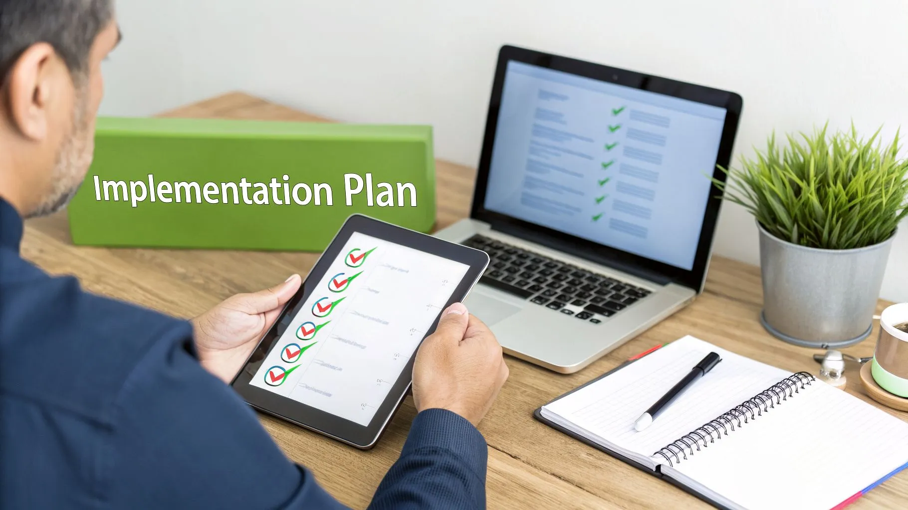 A person reviews an implementation plan on a tablet and laptop, with a checklist displayed on both screens.