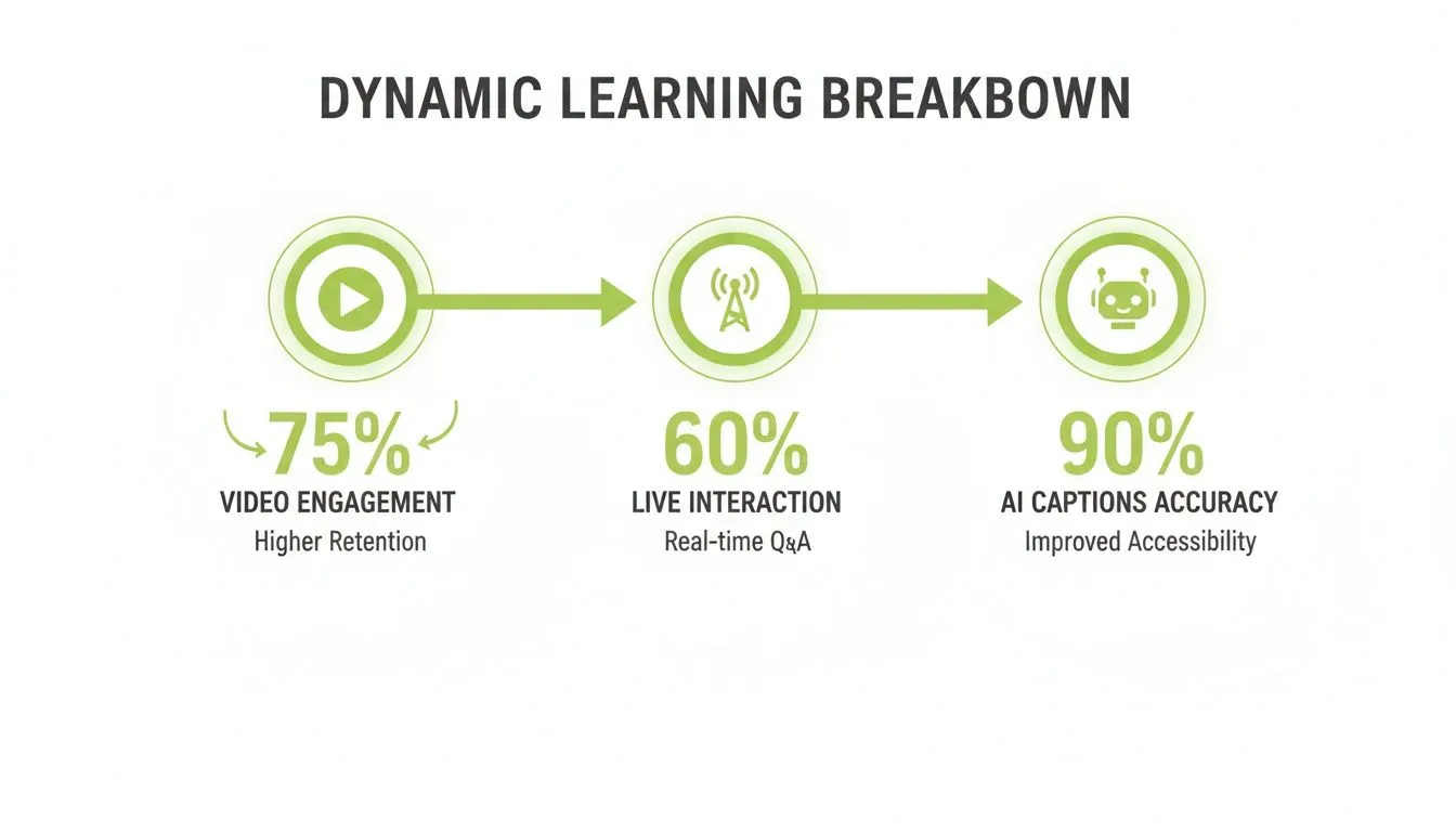 Infographic showing dynamic learning breakdown with 75% video engagement, 60% live interaction, and 90% AI captions accuracy.