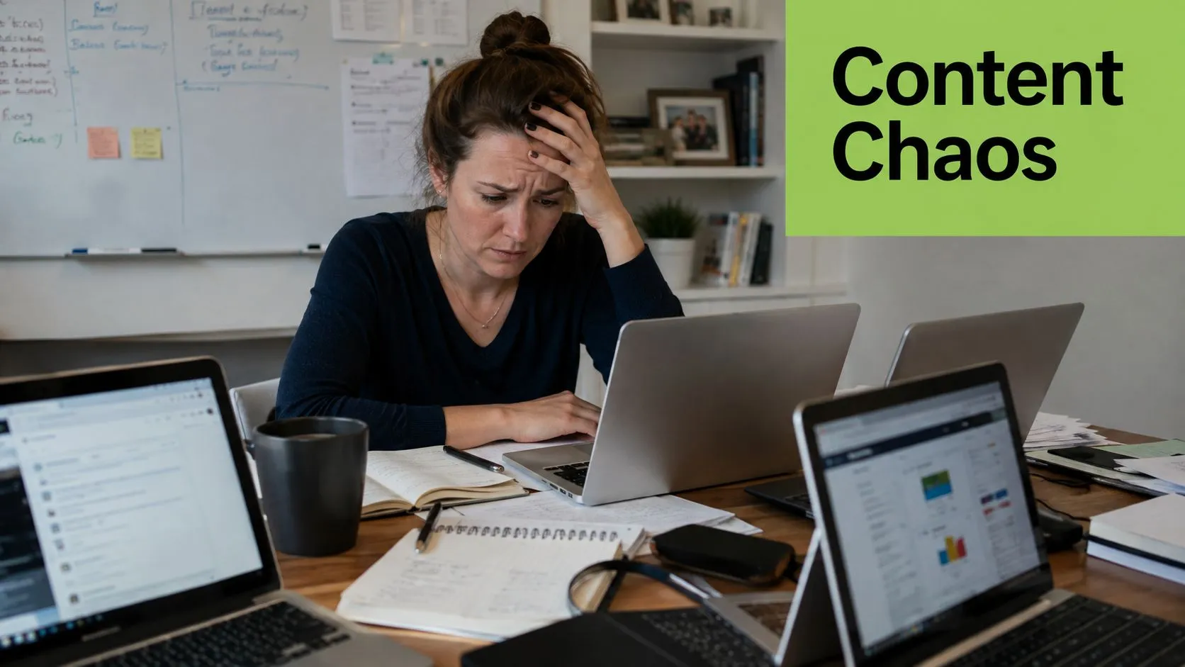 A stressed woman working at a cluttered desk with multiple open laptops while managing digital content.