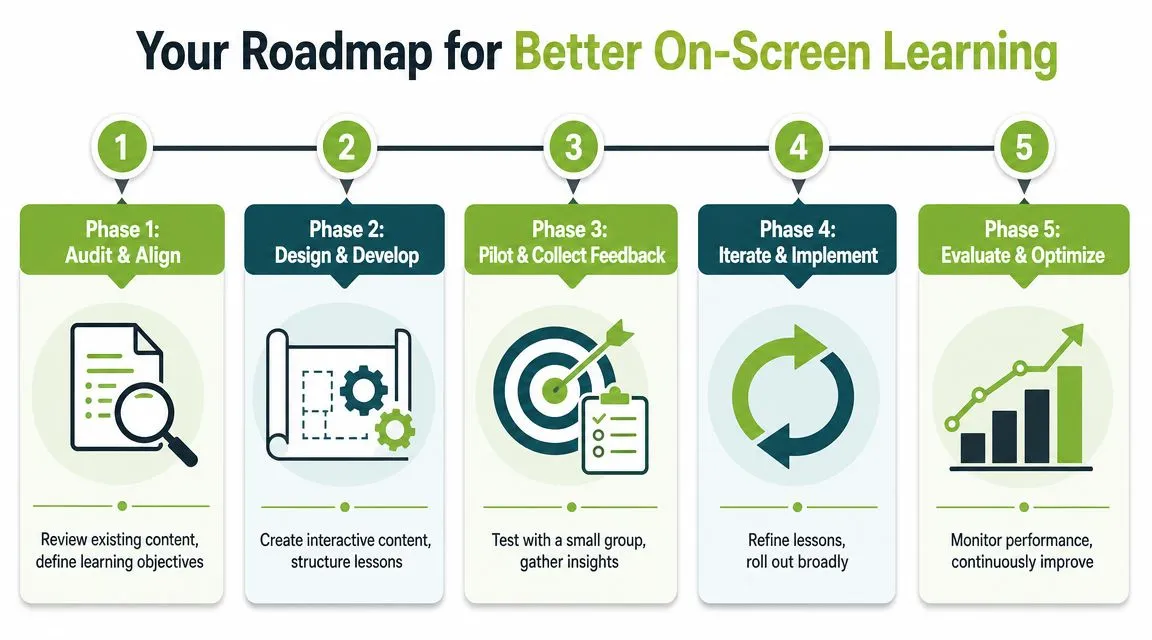 A five-phase roadmap infographic illustrating the step-by-step process for developing effective on-screen learning programs.