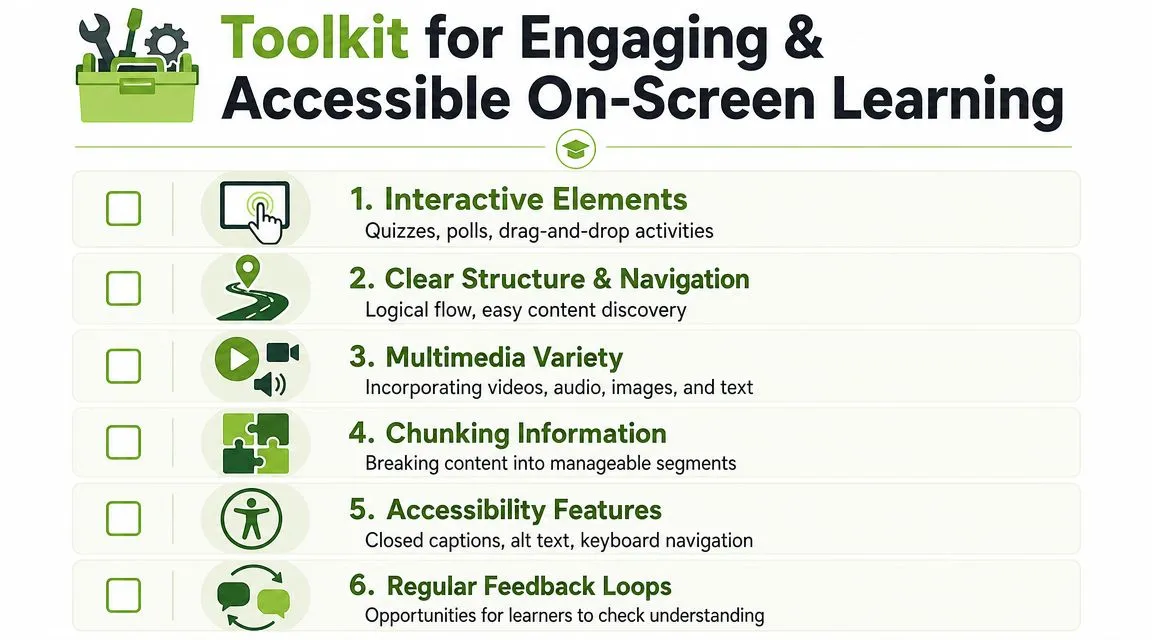 A list titled Toolkit for Engaging and Accessible On-Screen Learning featuring six numbered steps for educational improvement.