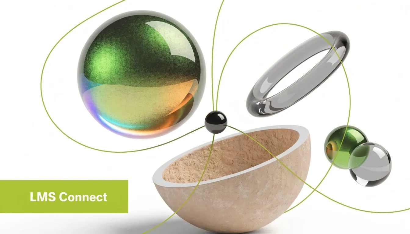 A 3D abstract graphic featuring spheres, a stone bowl, and orbiting lines with the text LMS Connect.