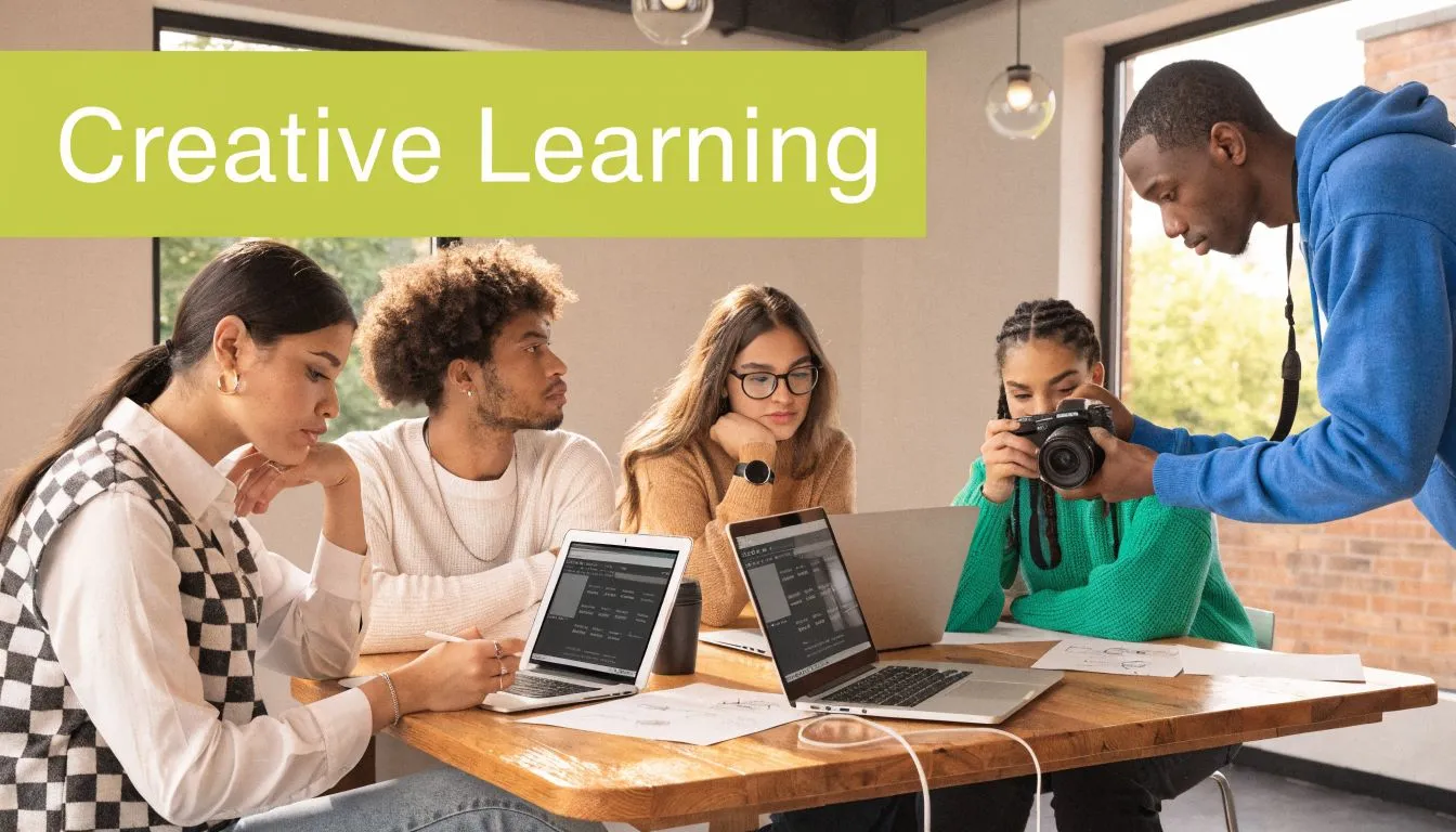 A diverse group of students collaborate on a project using laptops and a camera in a workspace.
