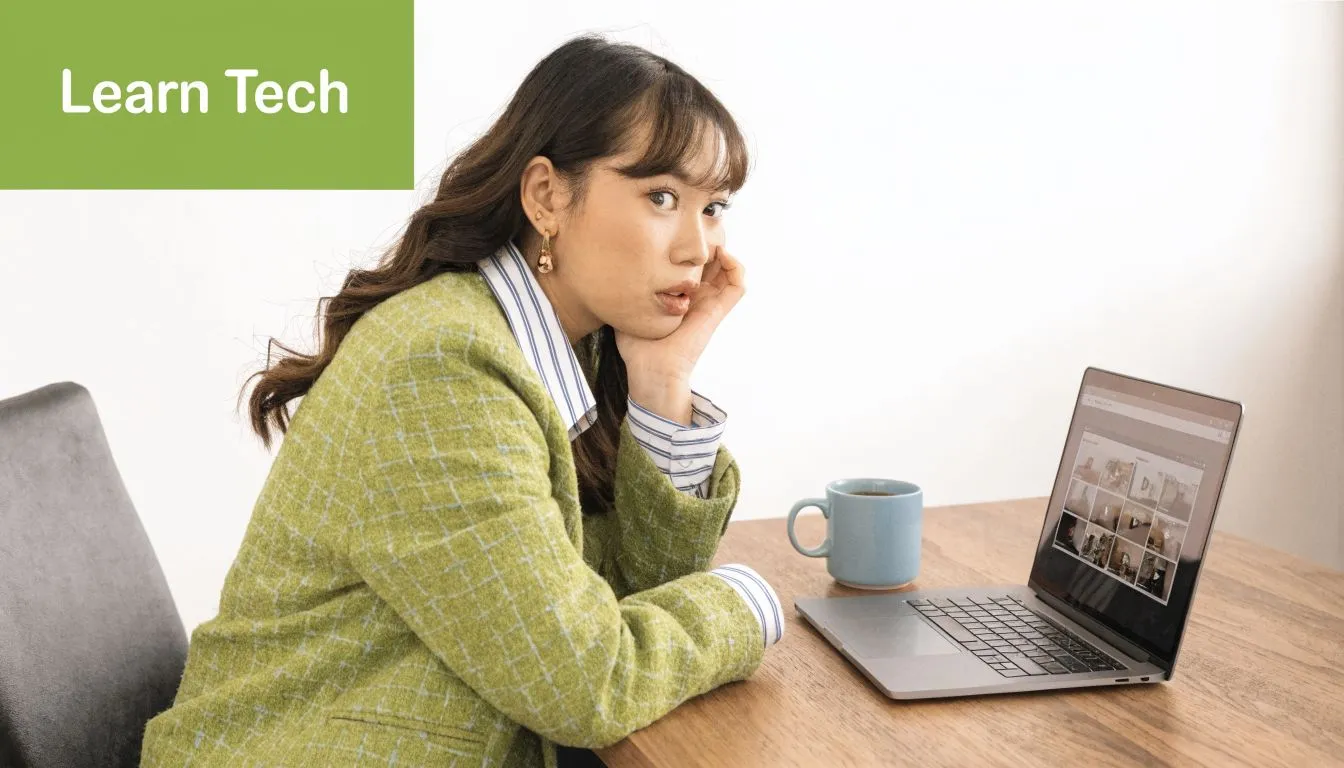 A young woman wearing a green blazer rests her head on her hand while looking at a laptop.