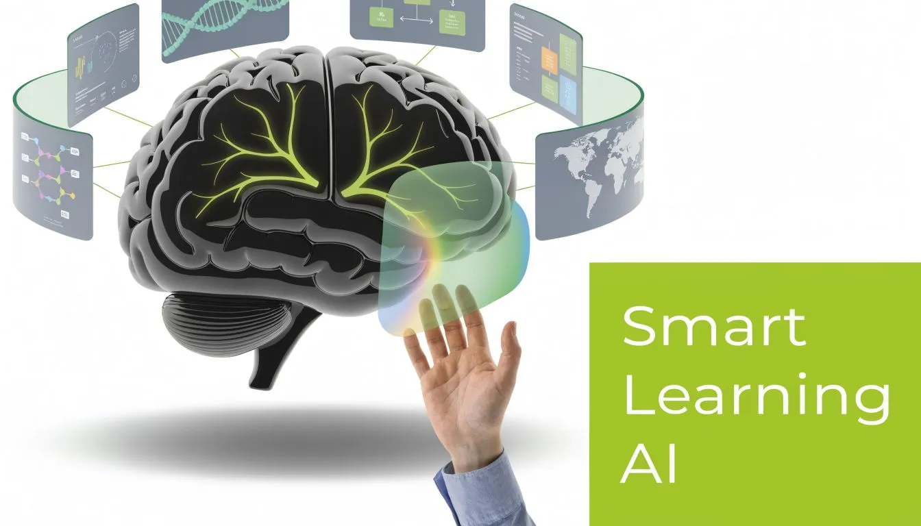 A hand interacting with a digital holographic brain interface to represent artificial intelligence and smart learning.