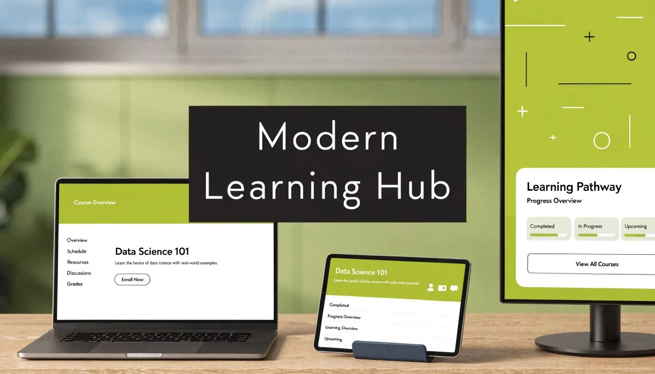 A modern workspace with a laptop, tablet, and monitor displaying educational software interfaces for data science courses.