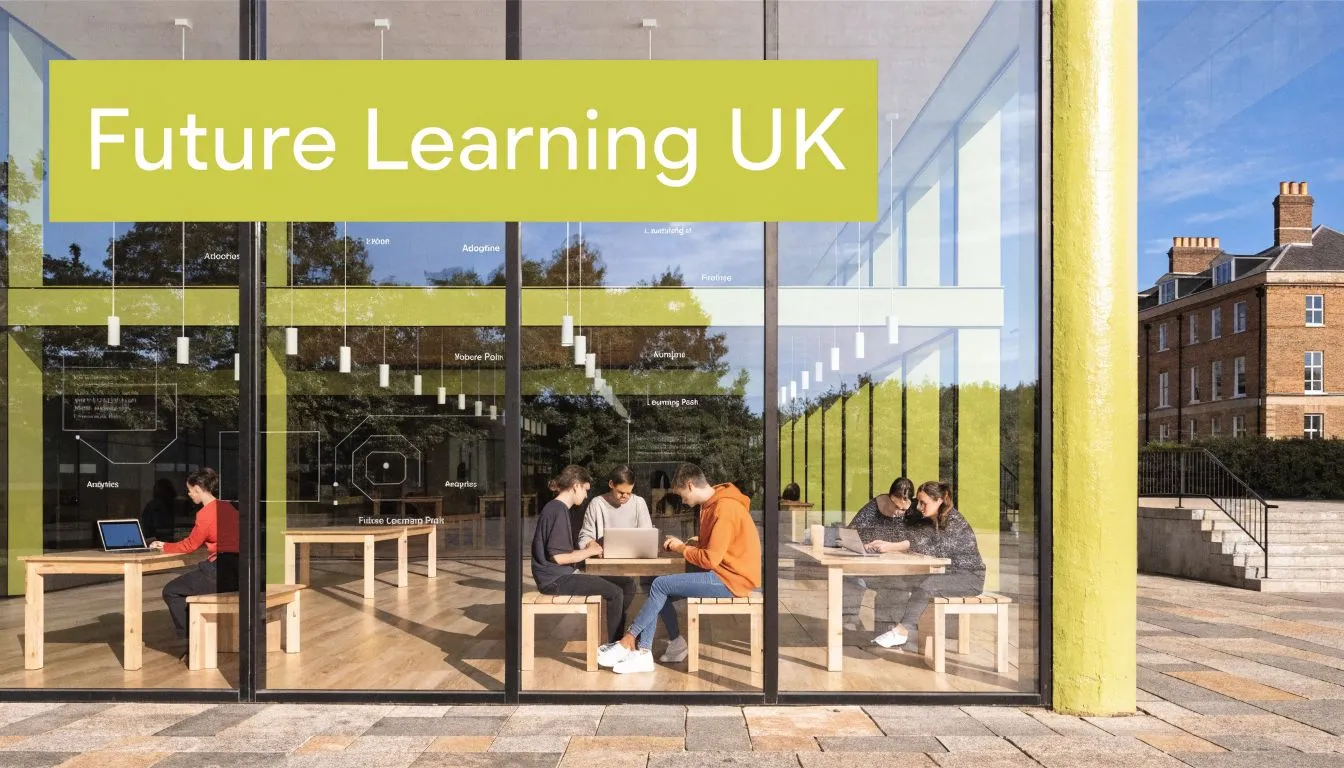 A modern glass-walled university study space with students working on laptops in a bright, collaborative environment.