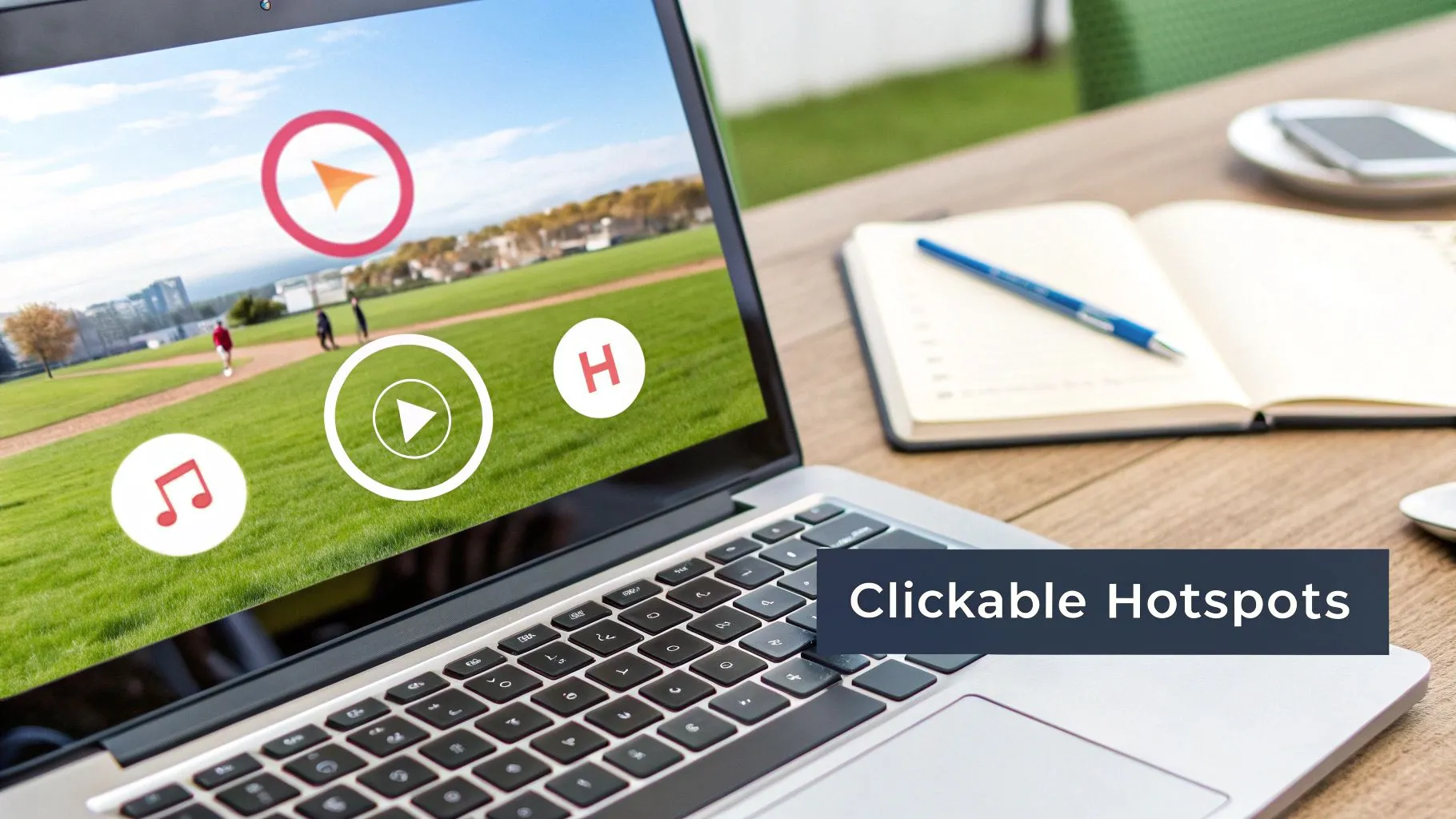 A laptop screen displays a video with interactive clickable hotspots and play buttons.