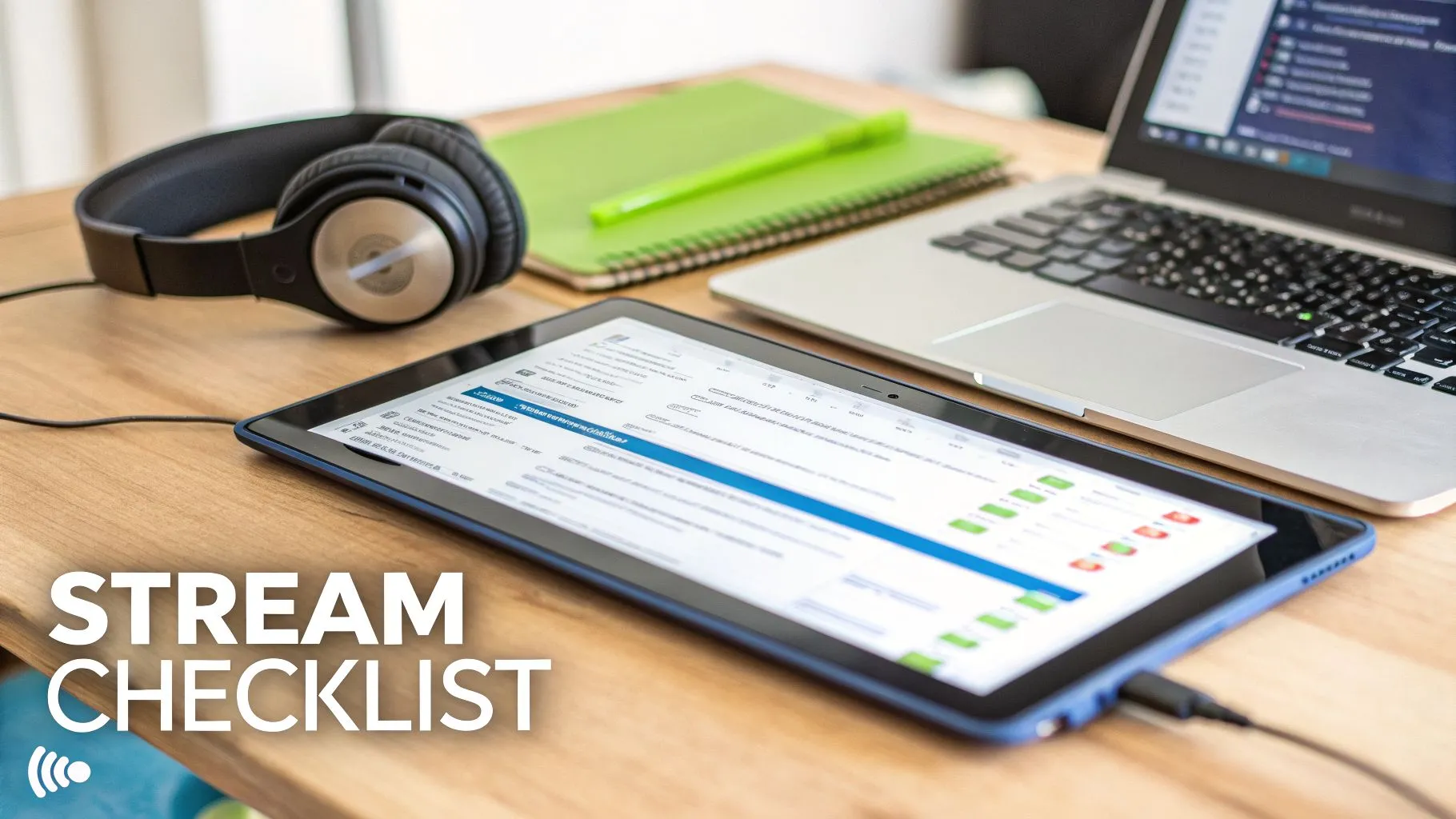 A desk with headphones, a tablet showing a stream checklist, a laptop, and a notebook.