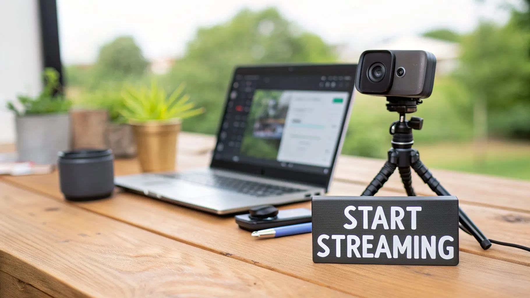 A live streaming setup on a wooden table with a laptop, webcam, and 'START STREAMING' sign.