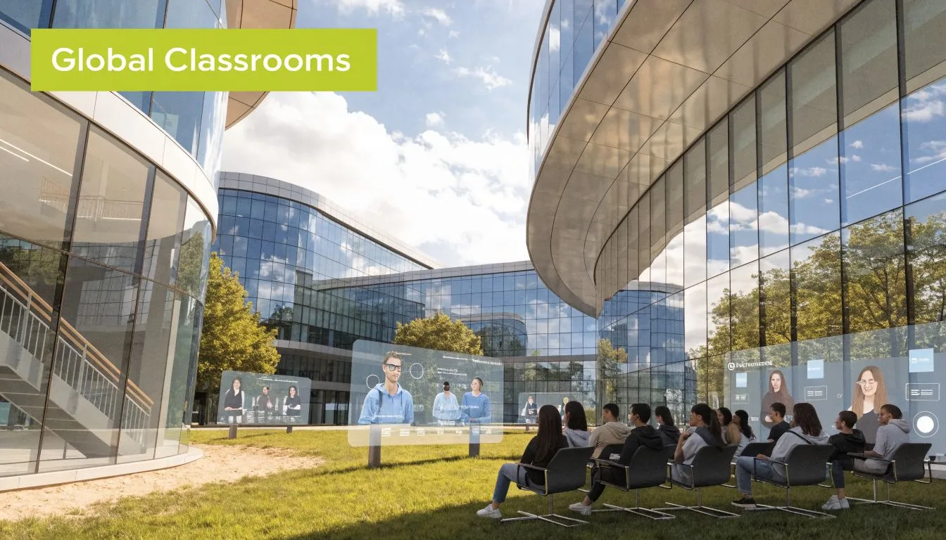 Students sitting on chairs outdoors watching a live university lecture on large holographic screens.