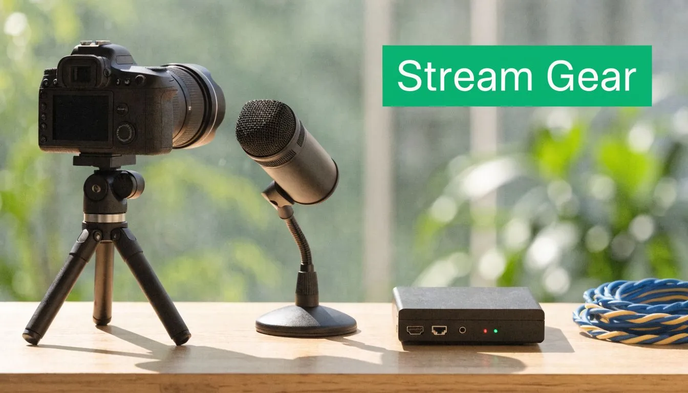 A camera on a tripod, a microphone, and a streaming device displayed on a wooden table.