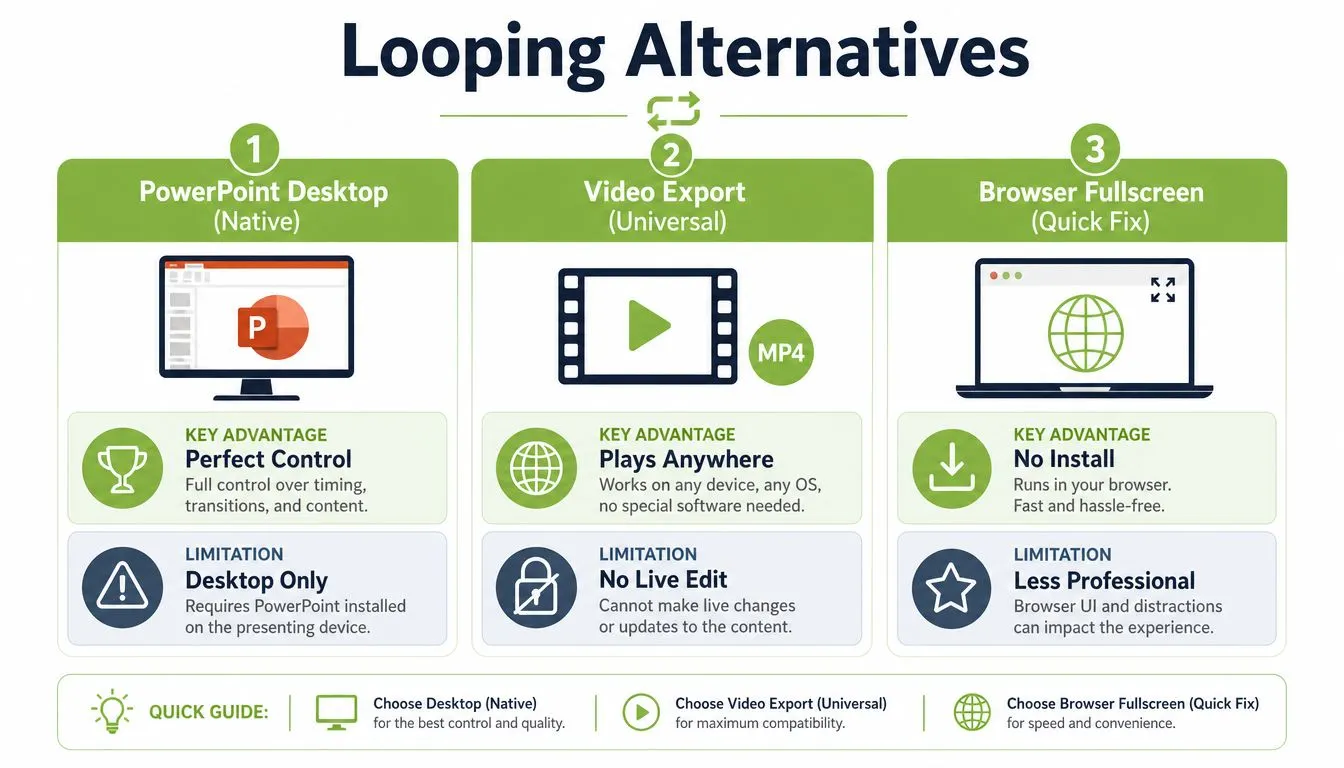 An infographic comparing three methods for looping presentations: PowerPoint Desktop, Video Export, and Browser Fullscreen techniques.