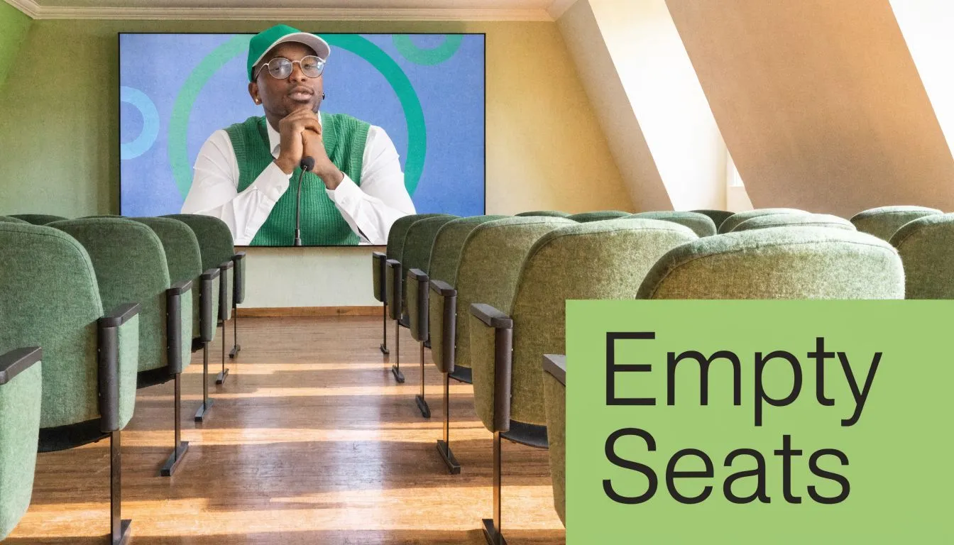A man in a green vest and hat appears on a large screen in an empty lecture hall.
