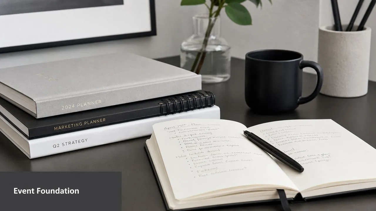 A minimalist desk setup featuring planners, a black mug, and an open notebook with handwritten notes.