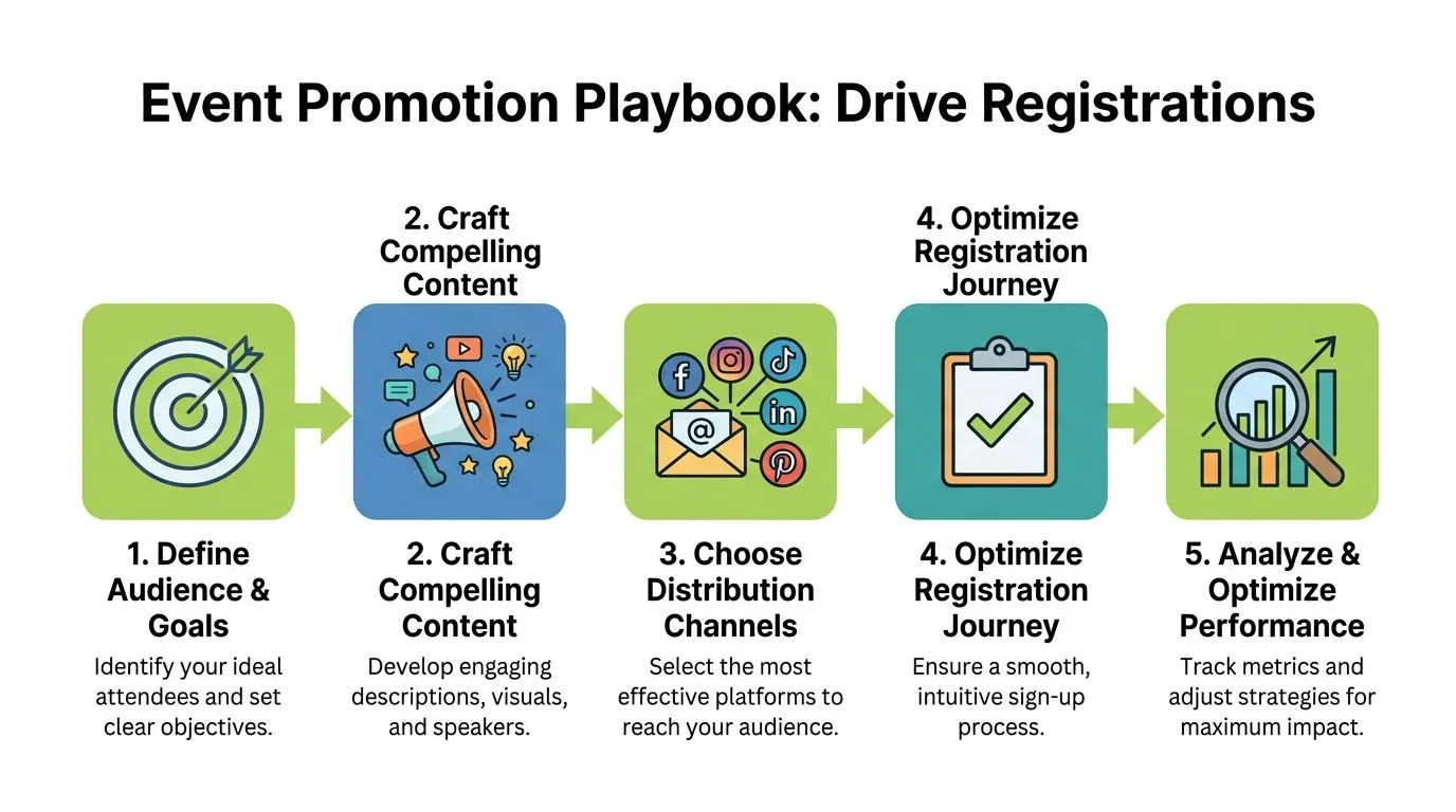 An infographic titled Event Promotion Playbook illustrating five key steps to successfully drive event registrations.