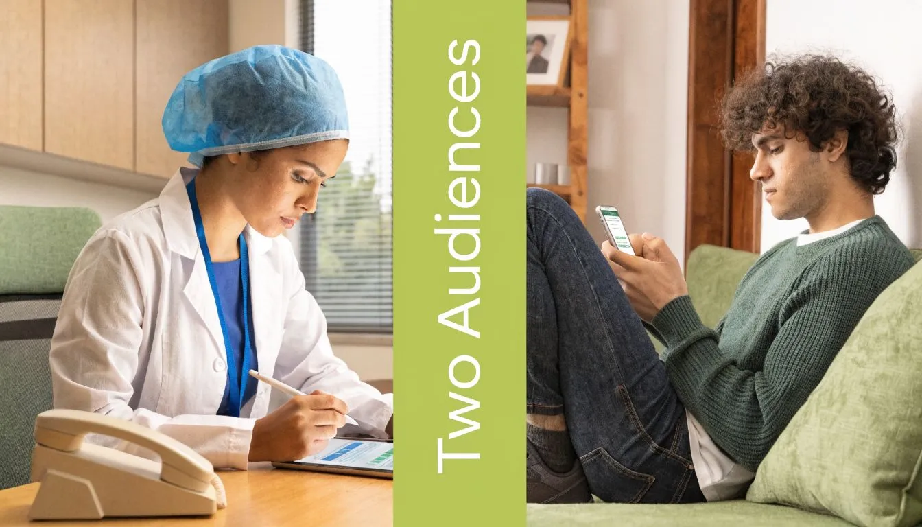 A split image showing a healthcare professional working on a tablet and a patient using a smartphone.