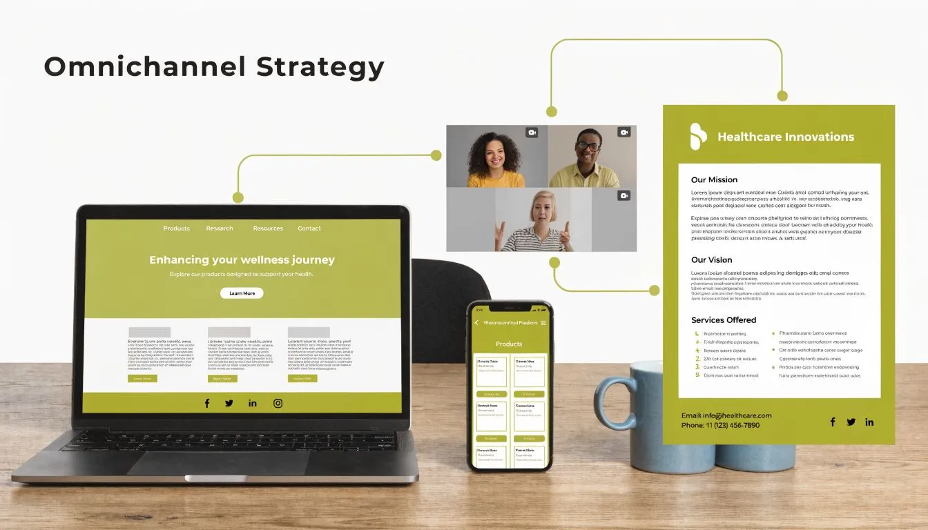 A marketing concept display showing omnichannel strategy with a laptop, smartphone, video call, and printed company brochure.