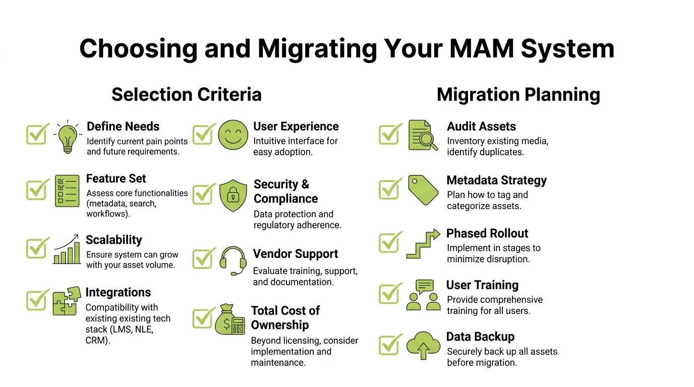 An infographic titled Choosing and Migrating Your MAM System detailing key selection criteria and migration planning steps.