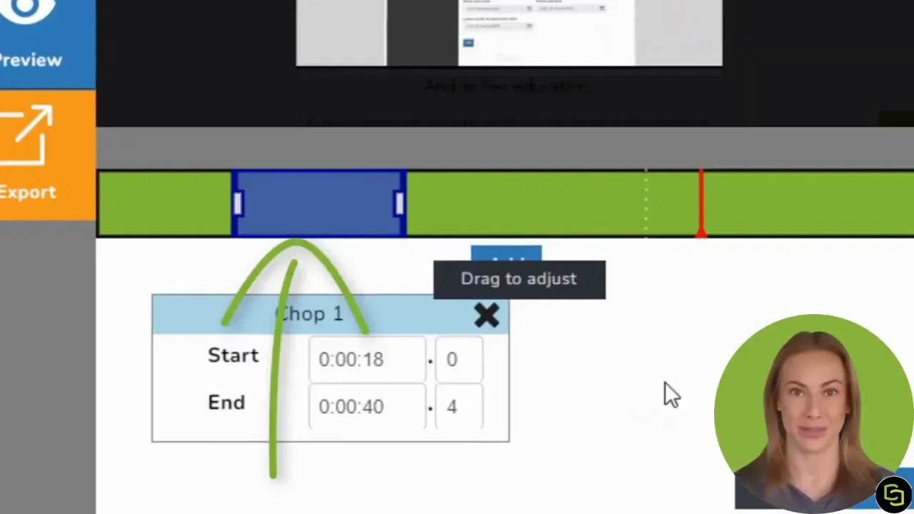 MEDIAL editor showing a timeline with a blue chop section and editable start and end times