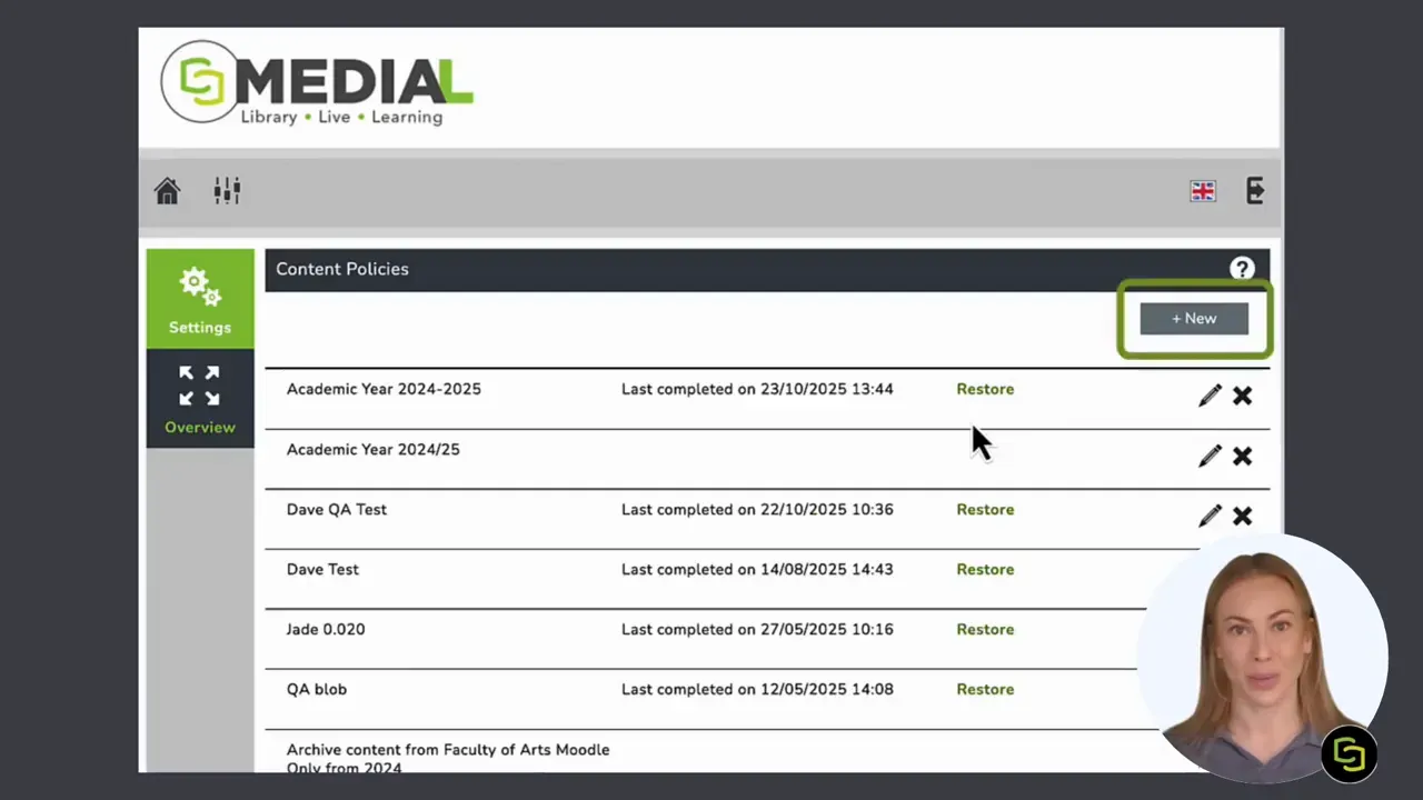 MEDIAL content policies page with a New button above a list of policies