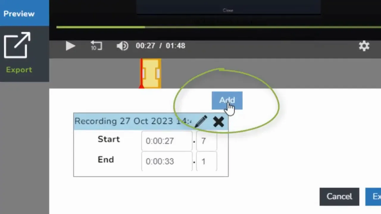 MEDIAL export editor showing a timeline marker and export start and end time fields
