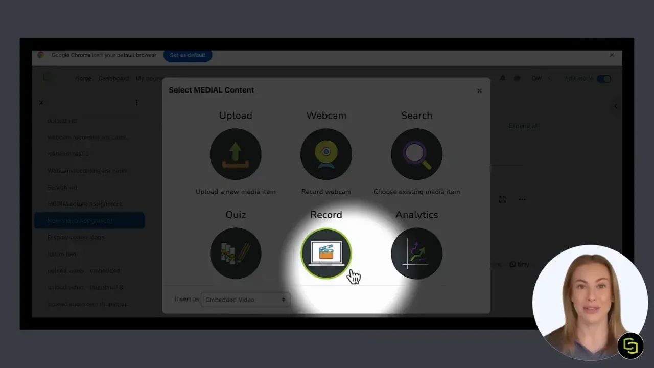 MEDIAL media chooser showing screen record webcam record and upload options