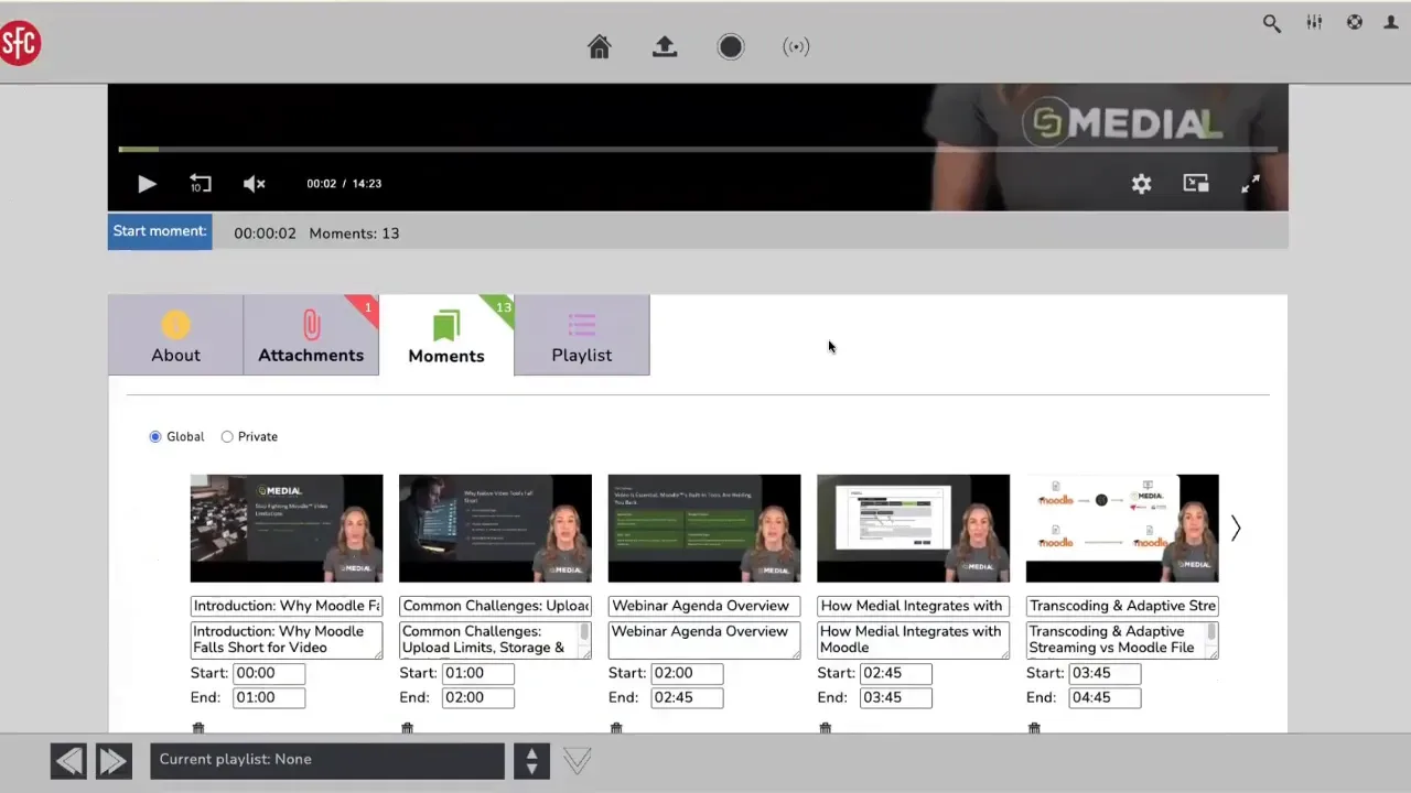 MEDIAL Moments tab showing video cards with titles and time references beneath the player