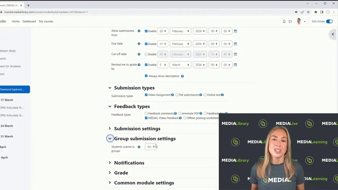 Moodle assignment settings showing submission and feedback type sections