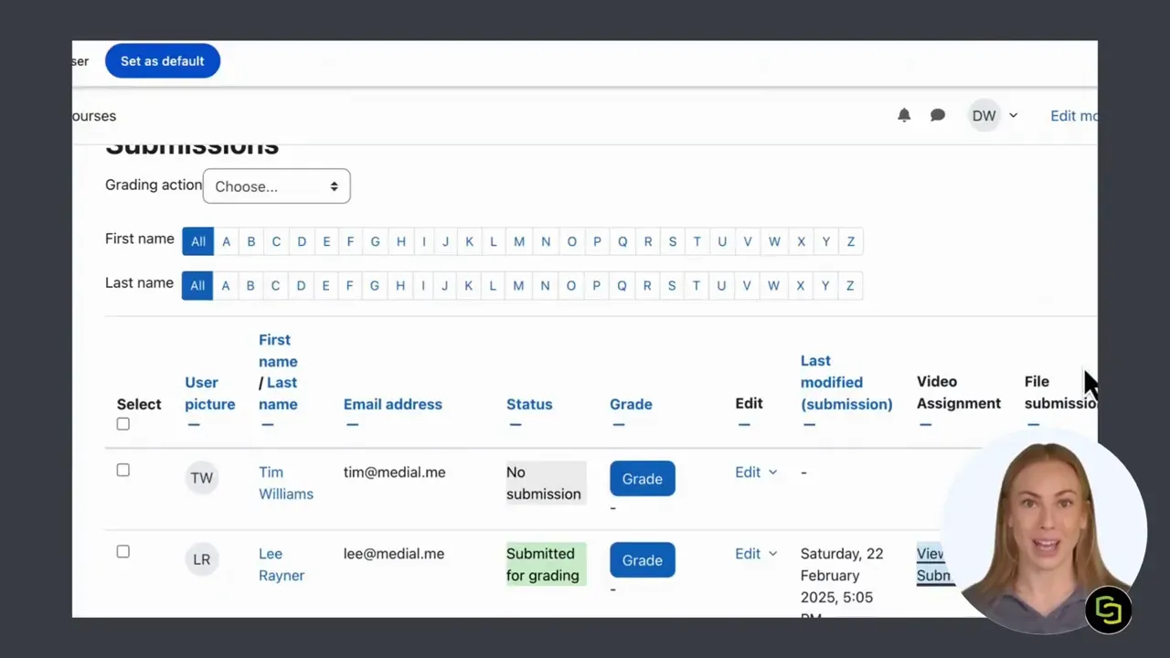 Moodle submissions table showing student names statuses grades and view submission links