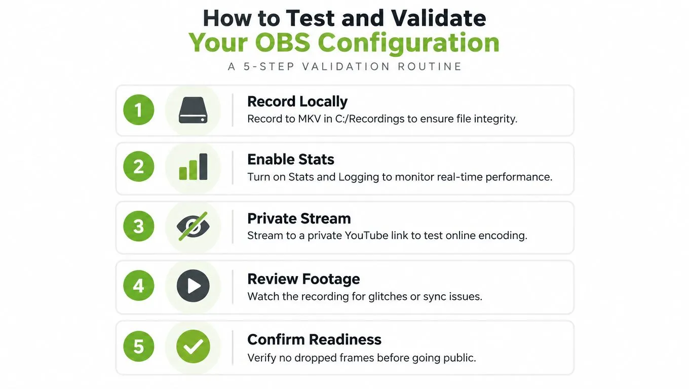 A five-step guide for testing and validating OBS configuration settings to ensure high-quality streaming performance.