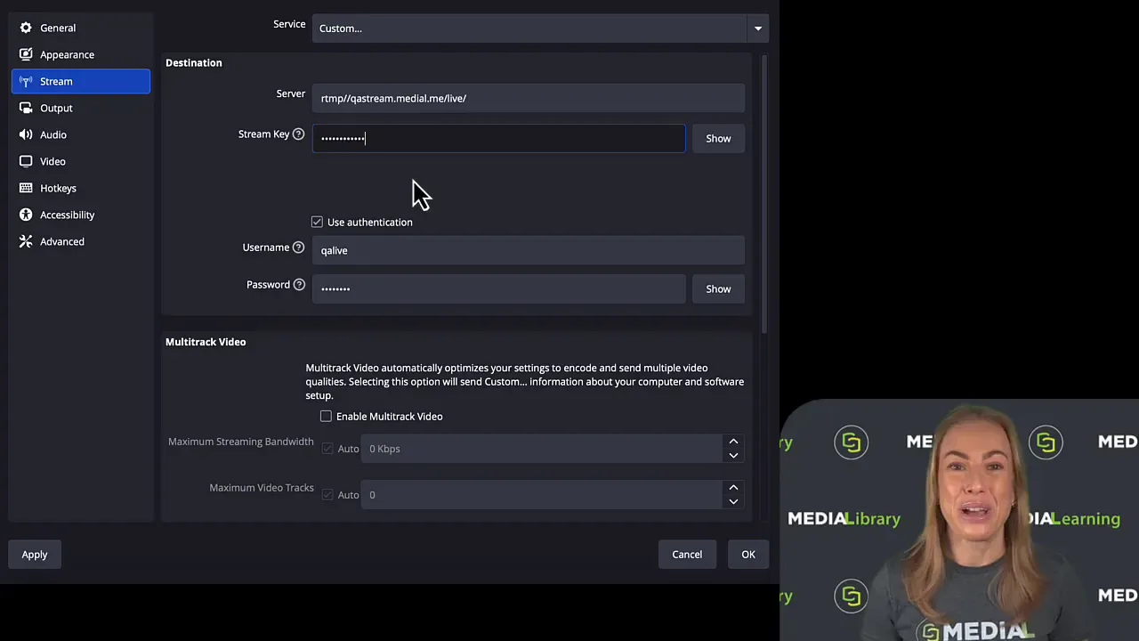 OBS Stream settings showing Custom service, server, stream key and authentication fields