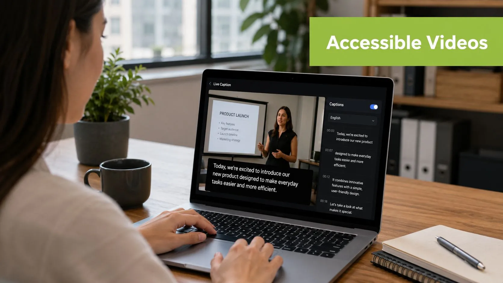 A woman working on a laptop displaying a presentation video with live captions for accessibility.