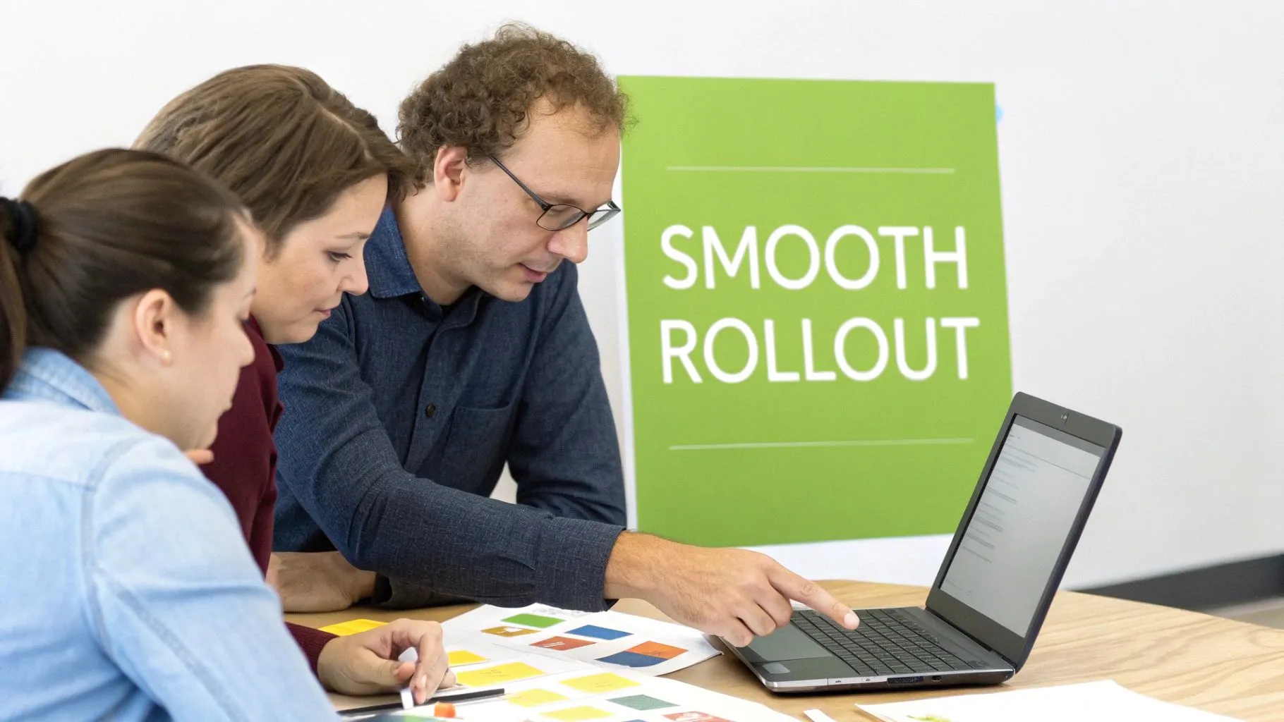 Team meeting with three people collaborating on a laptop in front of a 'Smooth Rollout' sign.
