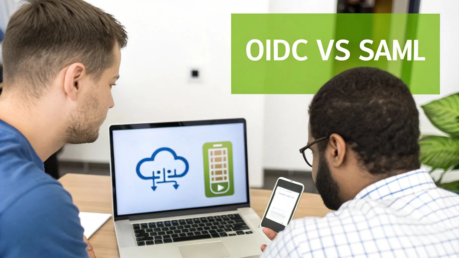 Two men analyzing OpenID Connect vs SAML, looking at a laptop with cloud and mobile icons.
