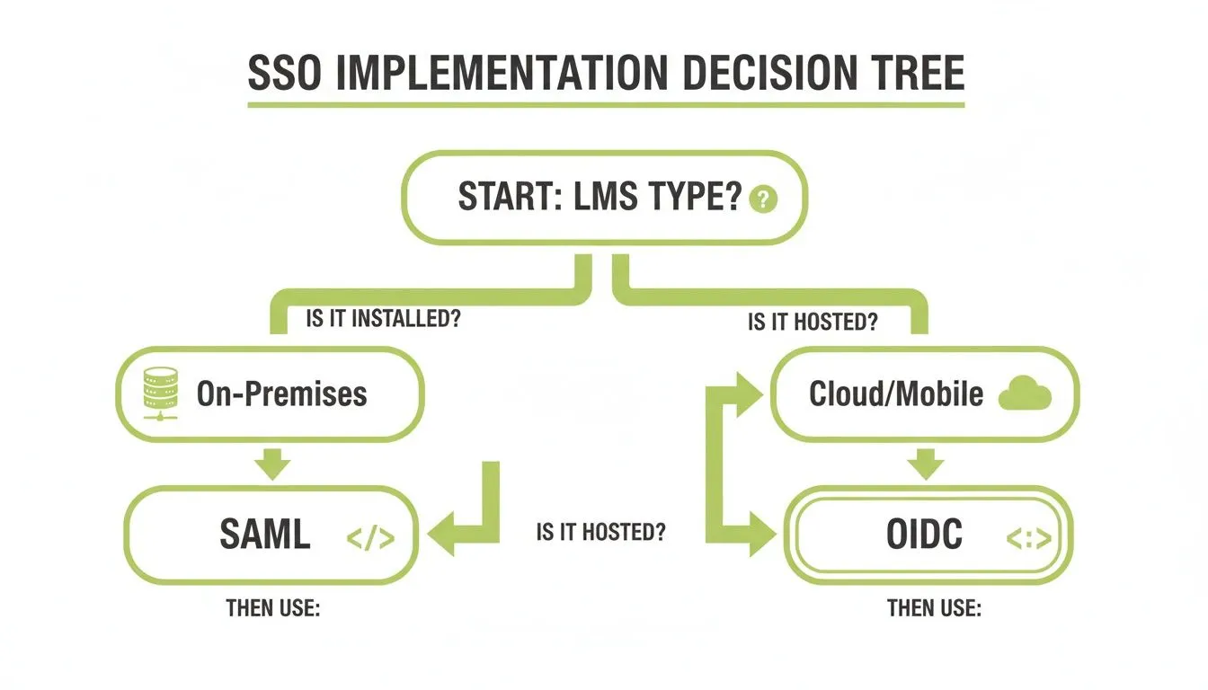Decision tree for SSO implementation, guiding choice between SAML for on-premises LMS and OIDC for cloud/mobile LMS.