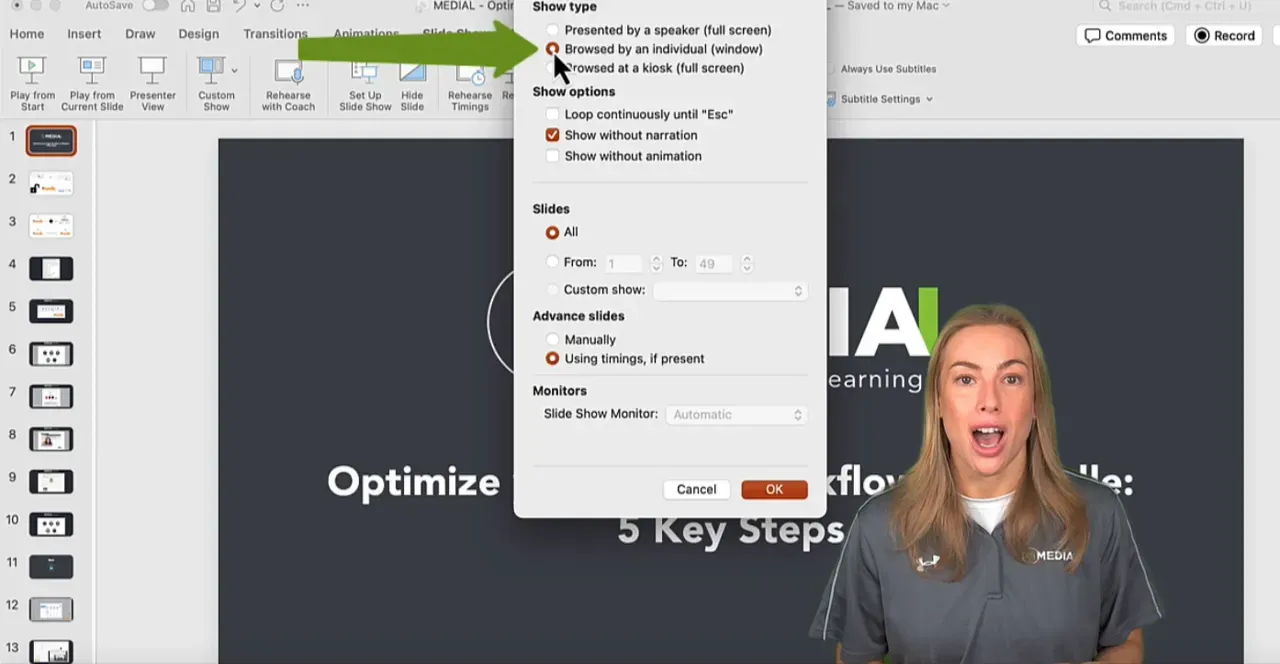 PowerPoint Set Up Show dialog with show type options