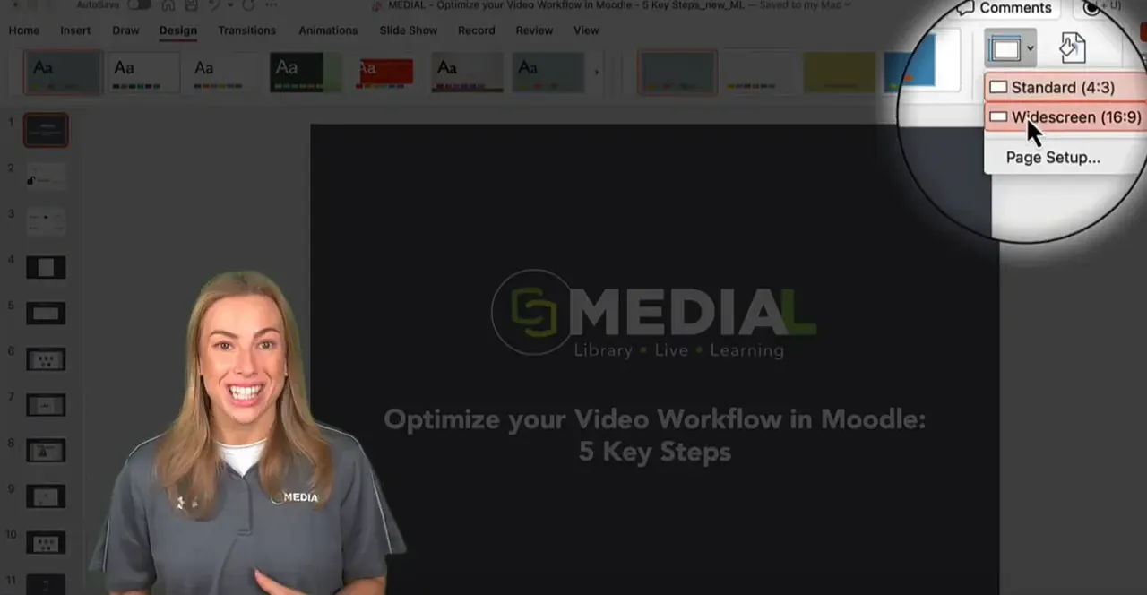PowerPoint Slide Size menu with Widescreen option highlighted
