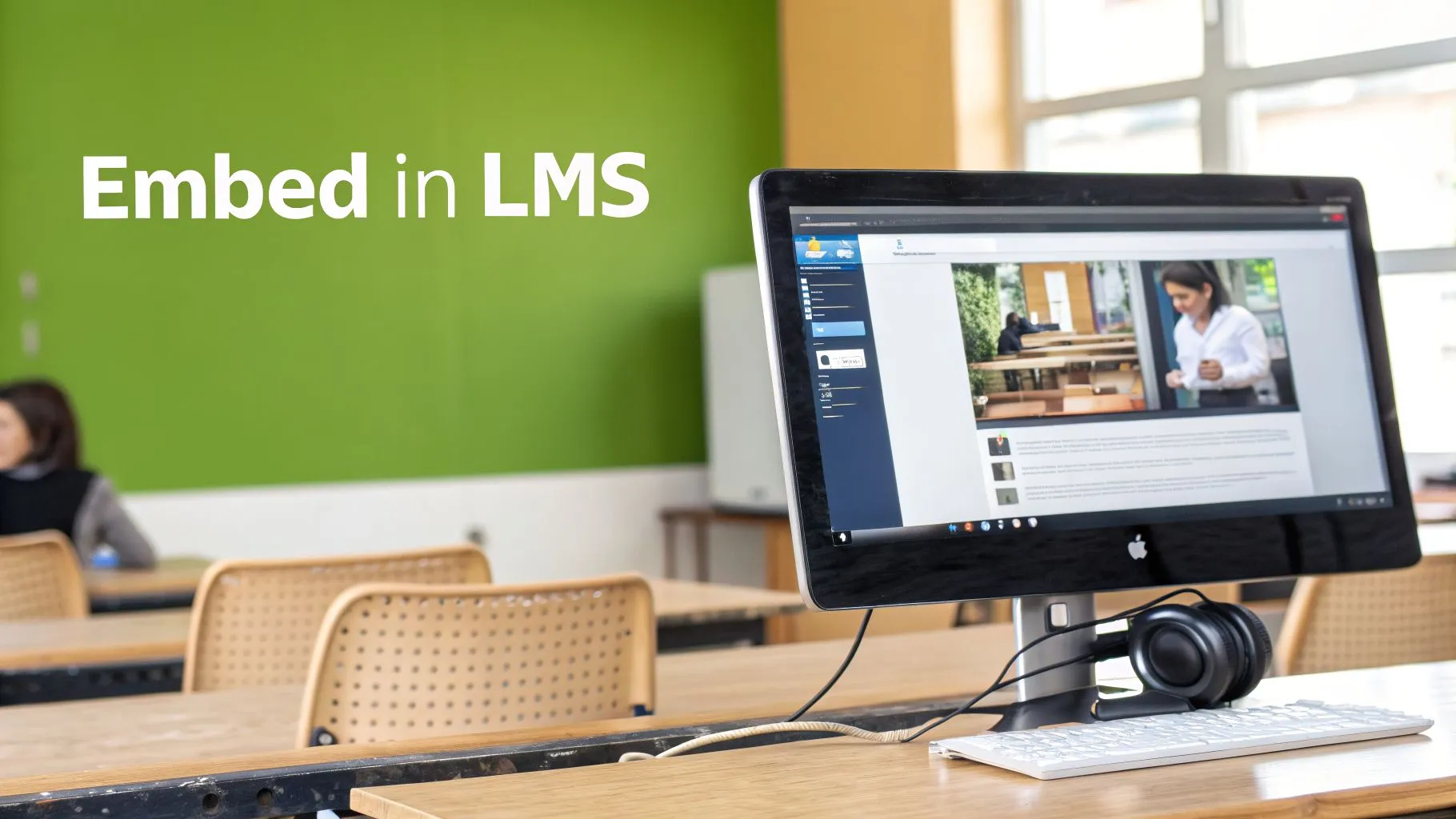 A computer monitor in a classroom displaying a video platform with the text “Embed in LMS” on a green wall.