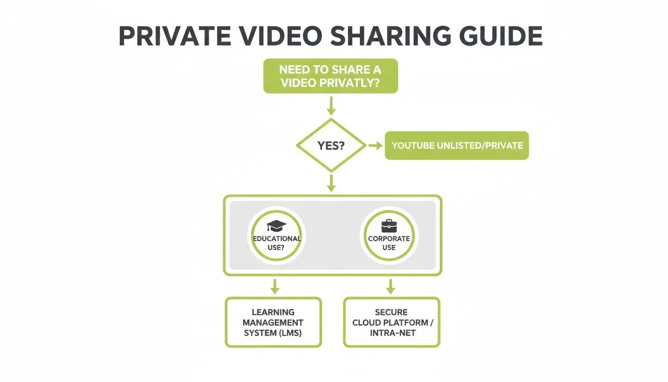 A flowchart explaining how to privately share videos, recommending YouTube, LMS, or secure platforms.
