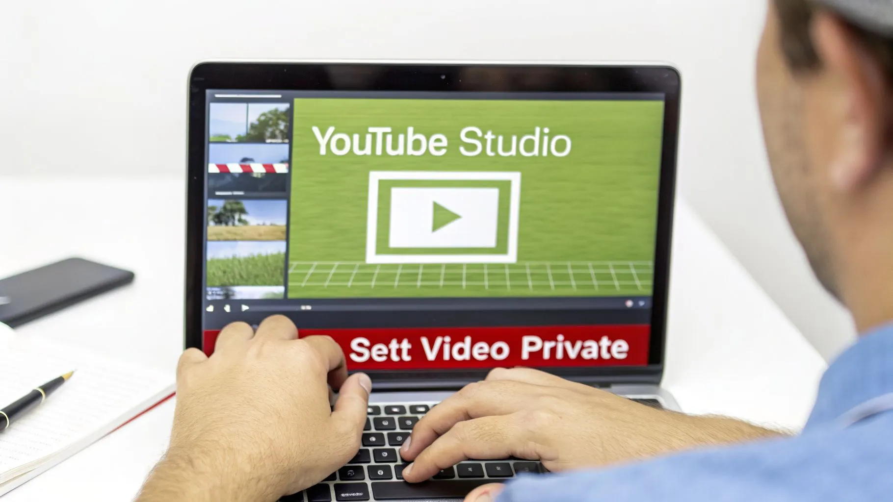 Person setting a video to private on YouTube Studio using a laptop computer.